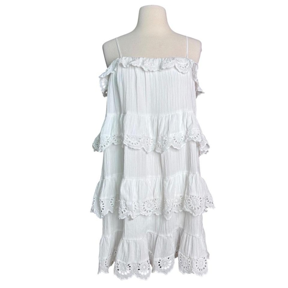 Small White Eyelet Tiered Spaghetti Strap Midi Dress Boho Cottage Spring Summer